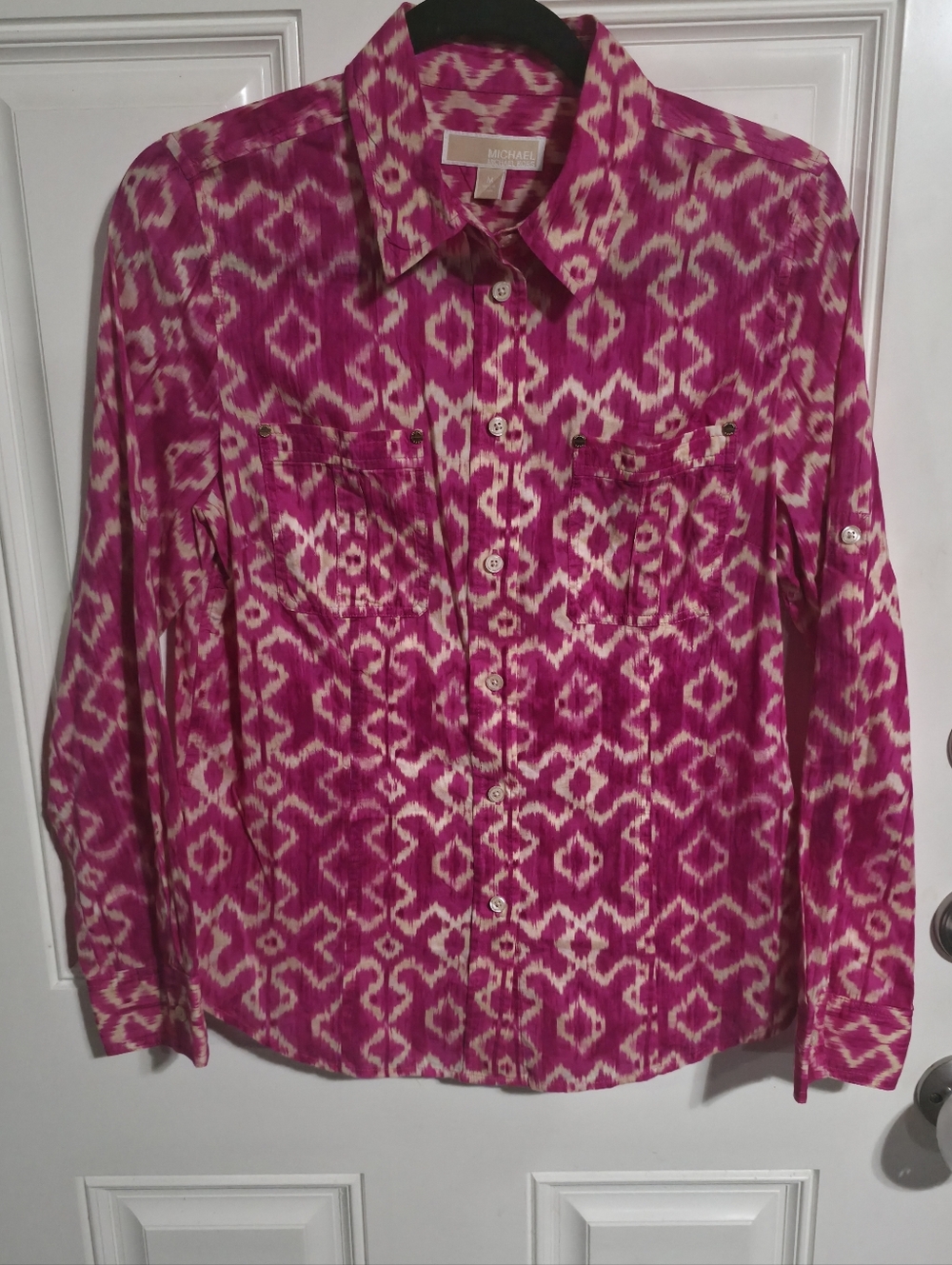 MICHAEL Michael Kors Women's Pink & Cream Ikat Button-Down Shirt Long Sleeve M